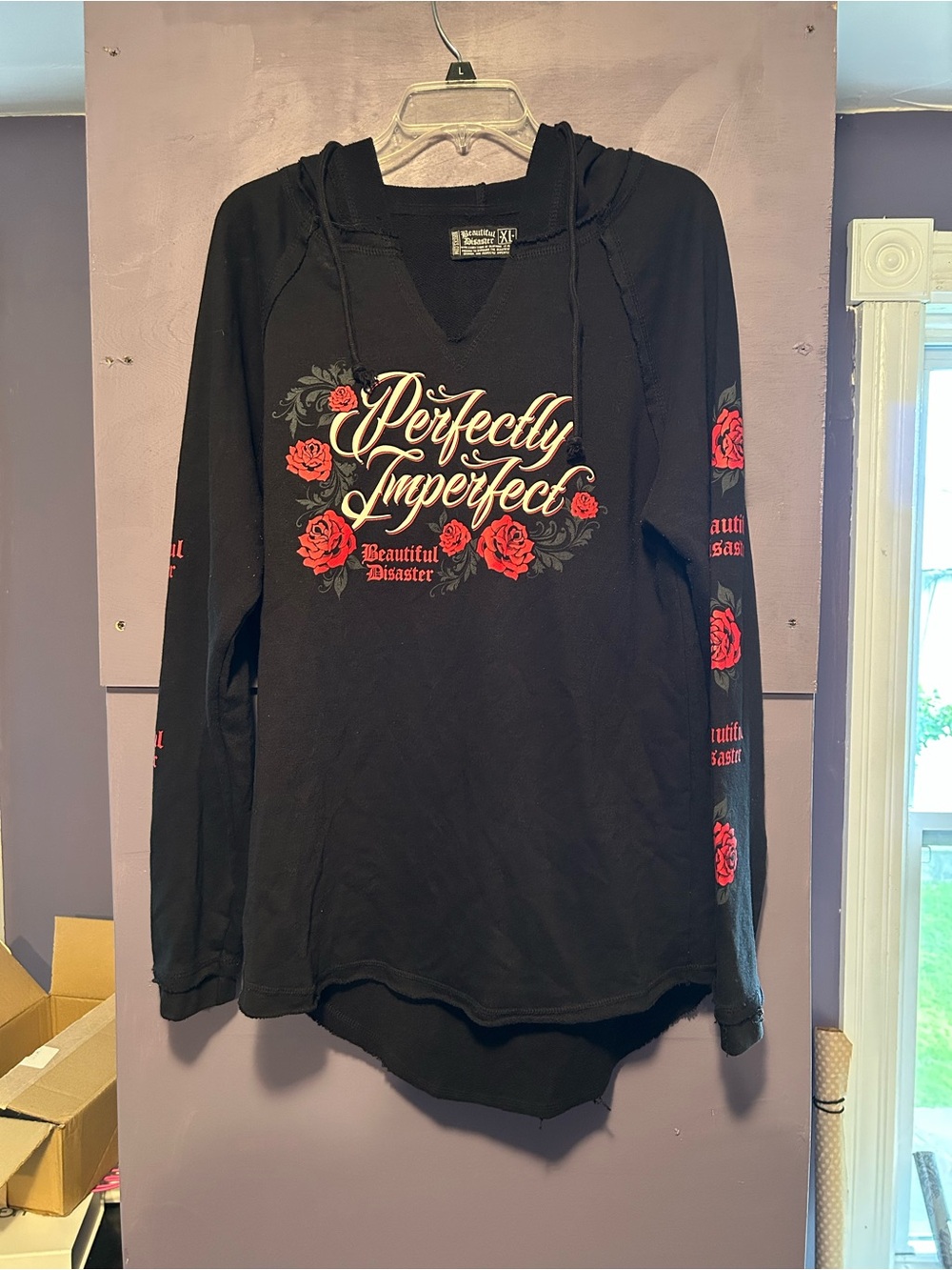 Beautiful Disaster black long sleeve hoodie with red roses and XL